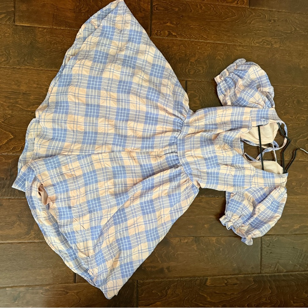 Blue and Pink Plaid Romper with Puff Sleeves